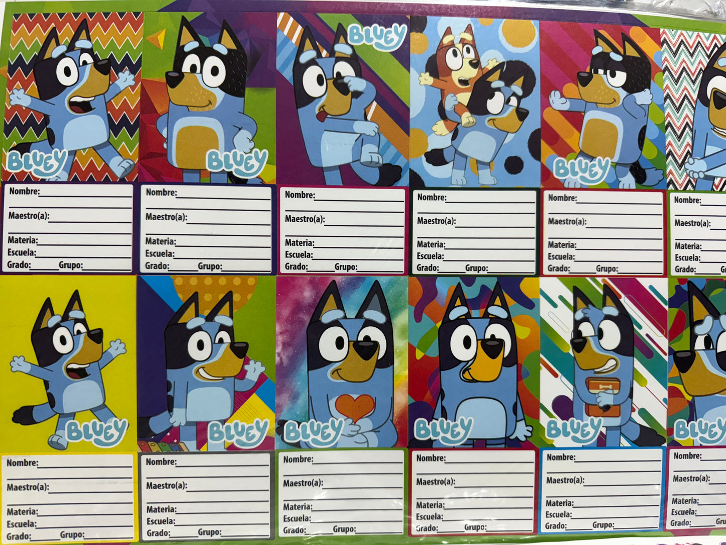 Plantilla etiqueta datos escolares Bluey