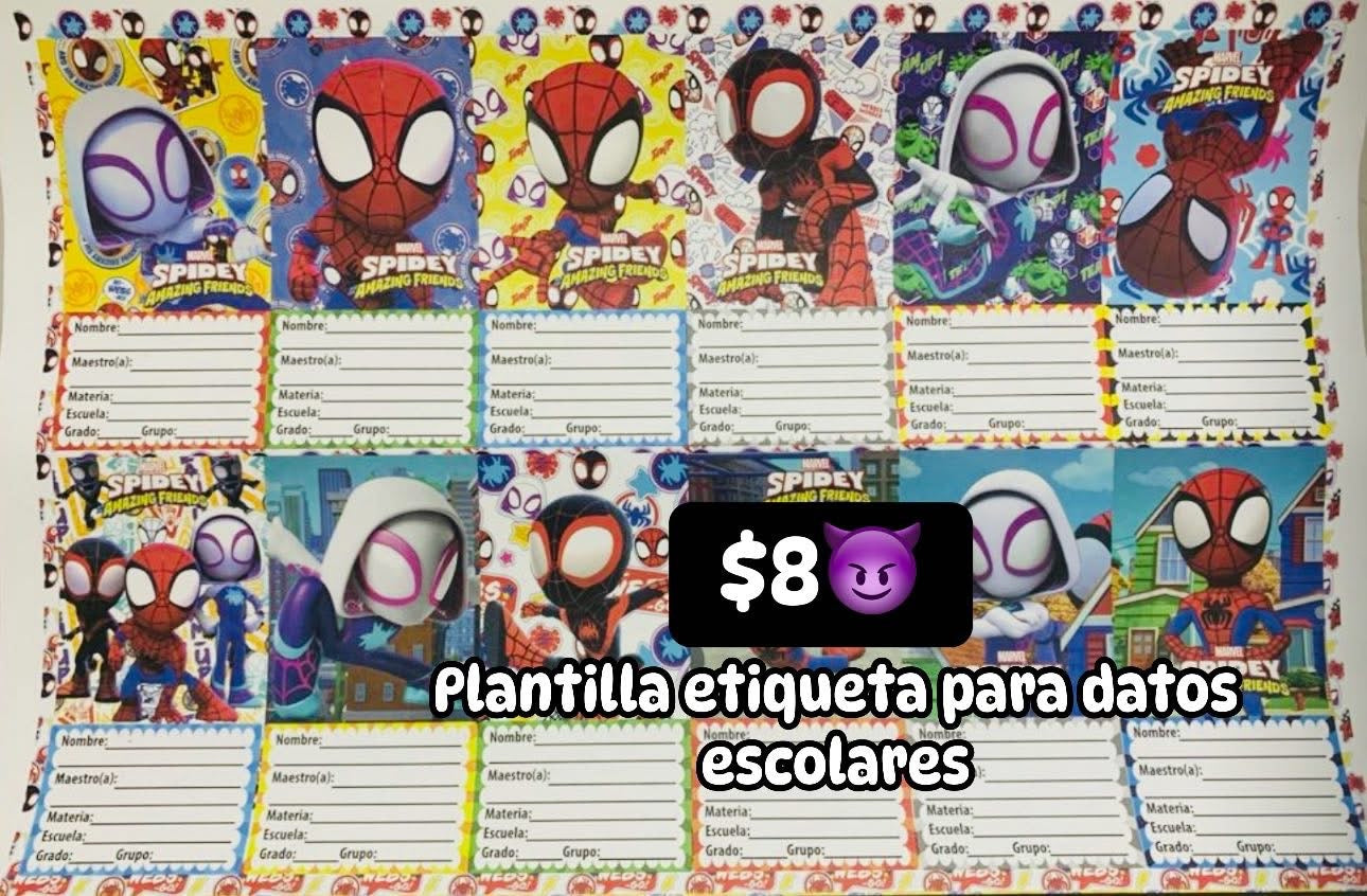 Plantilla etiqueta datos escolares spiderman