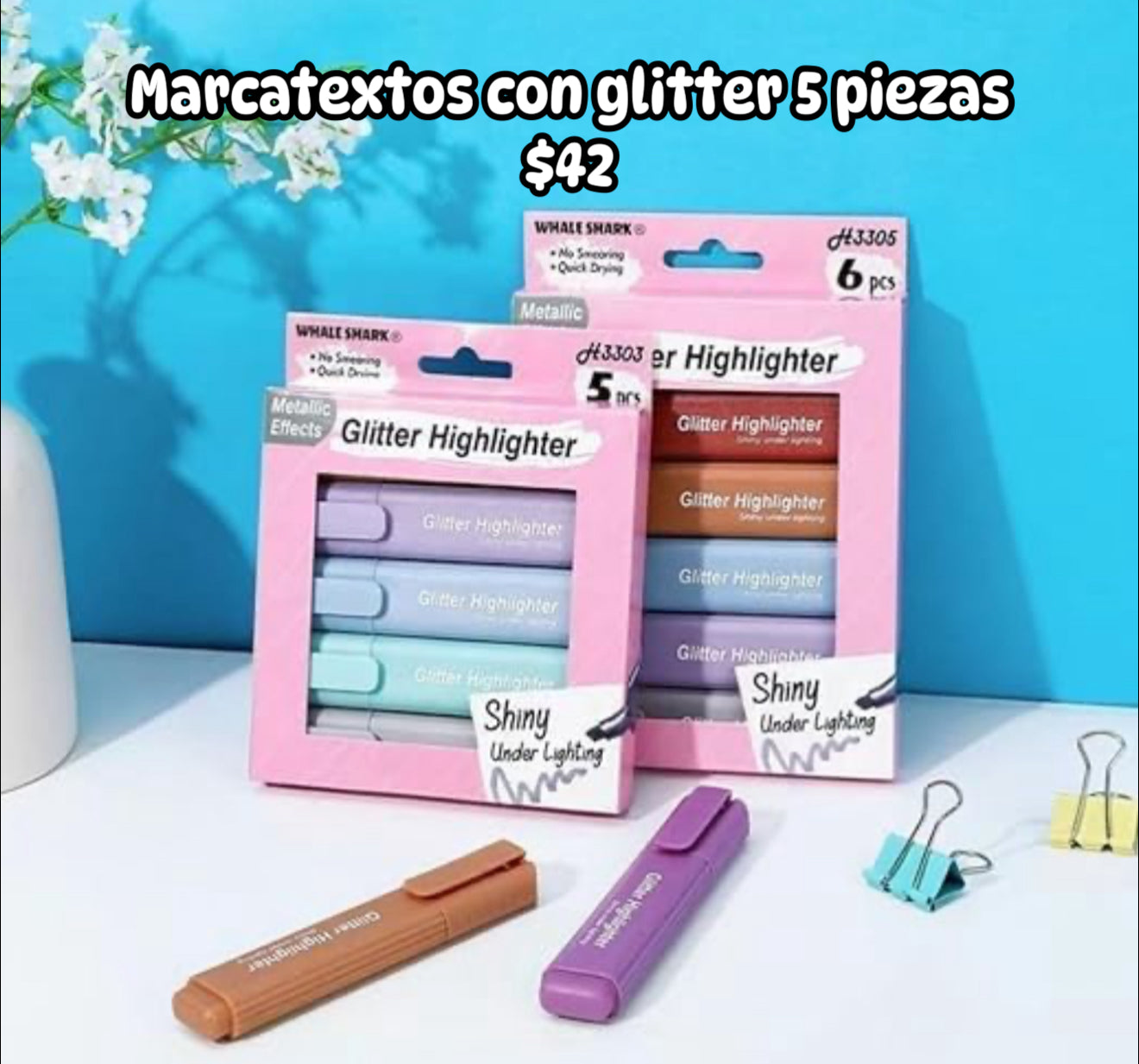 Marcatextos con glitter 5 piezas