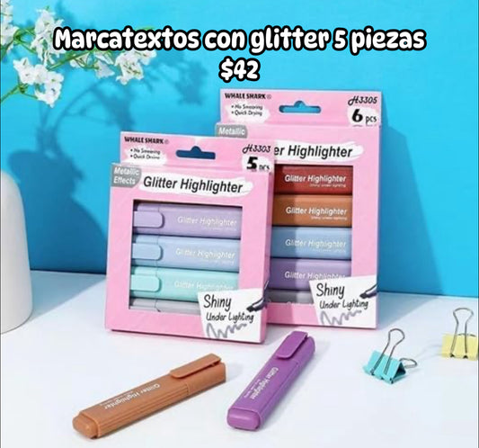 Marcatextos con glitter 5 piezas
