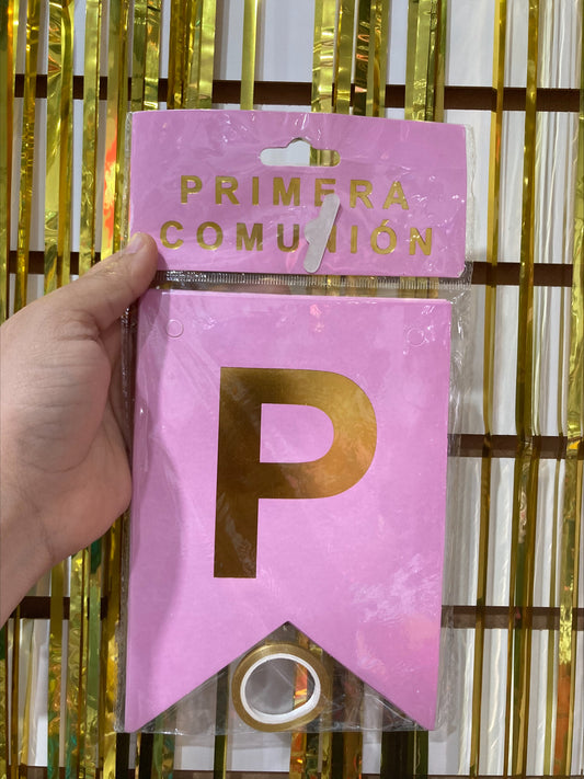 Banderin primera comunion rosa