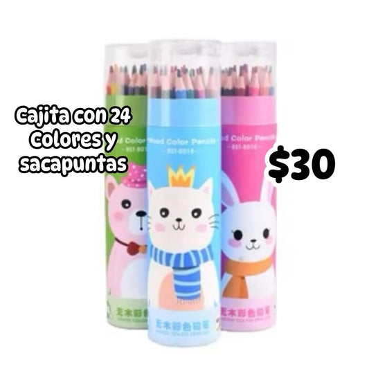 Cajita con 24 colores y sacapuntas